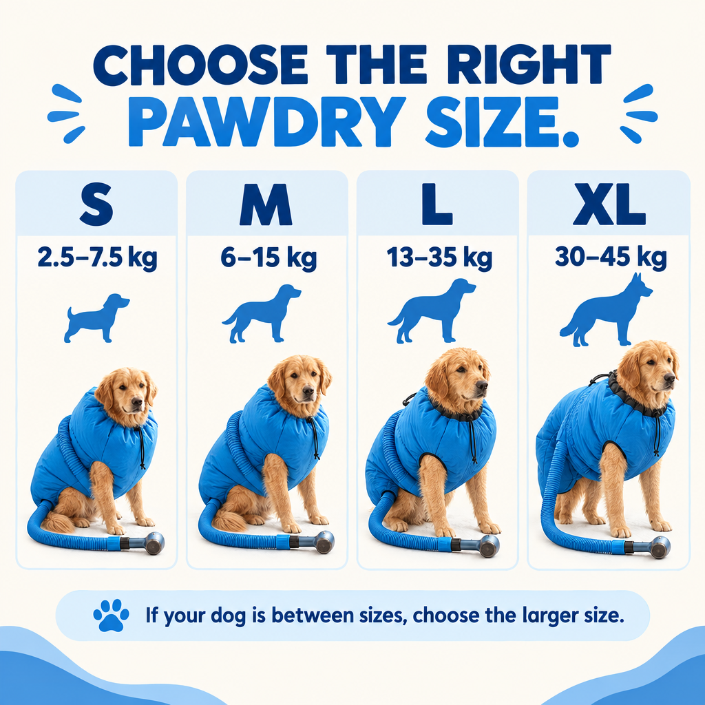 PawDry pet drying bag size guide showing S 2.5–7.5 kg, M 6–15 kg, L 13–35 kg, and XL 30–45 kg