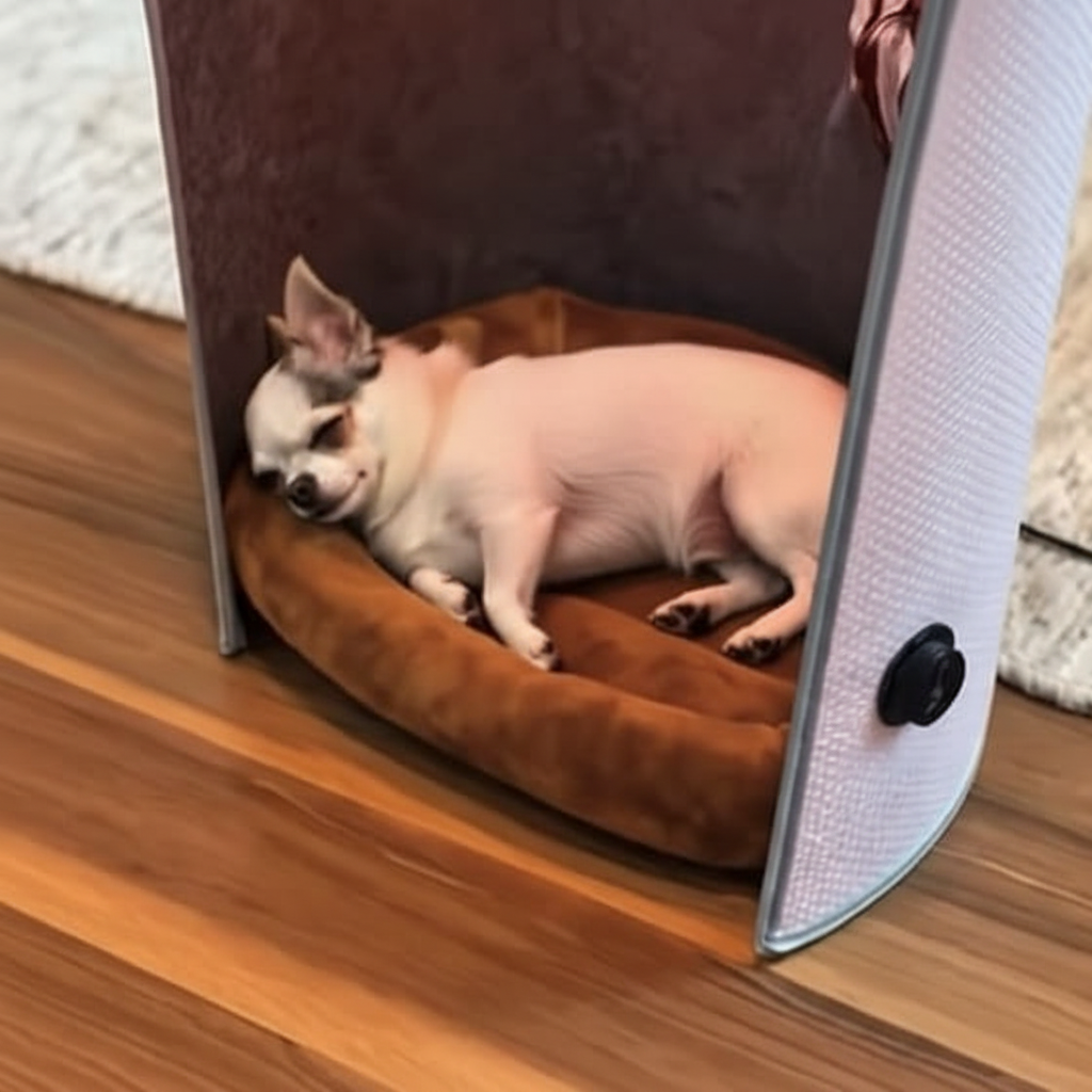 Small puppy sleeping inside CozyPet Heater