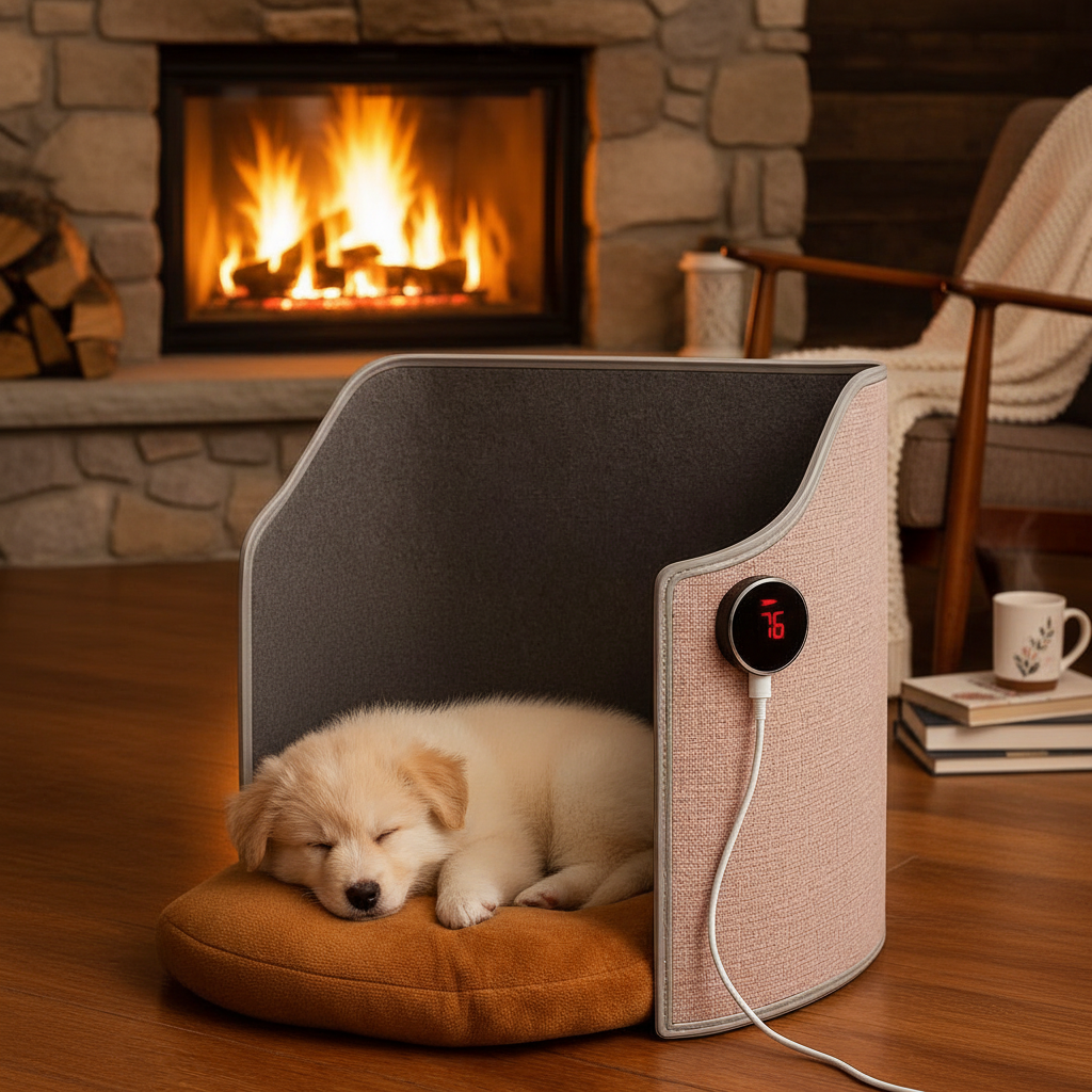 Puppy sleeping in CozyPet Heater near fireplace