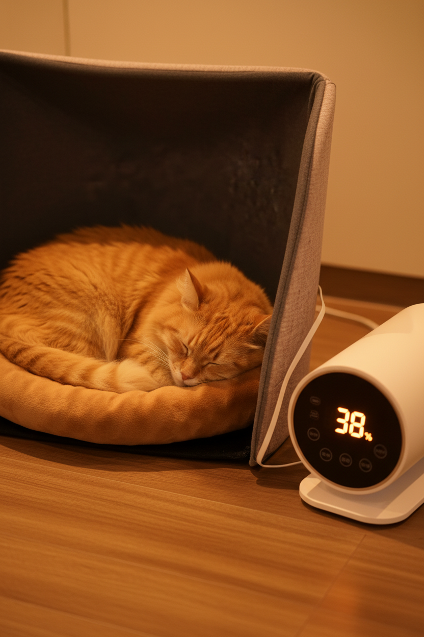 Cat sleeping next to CozyPet Heater with temperature display