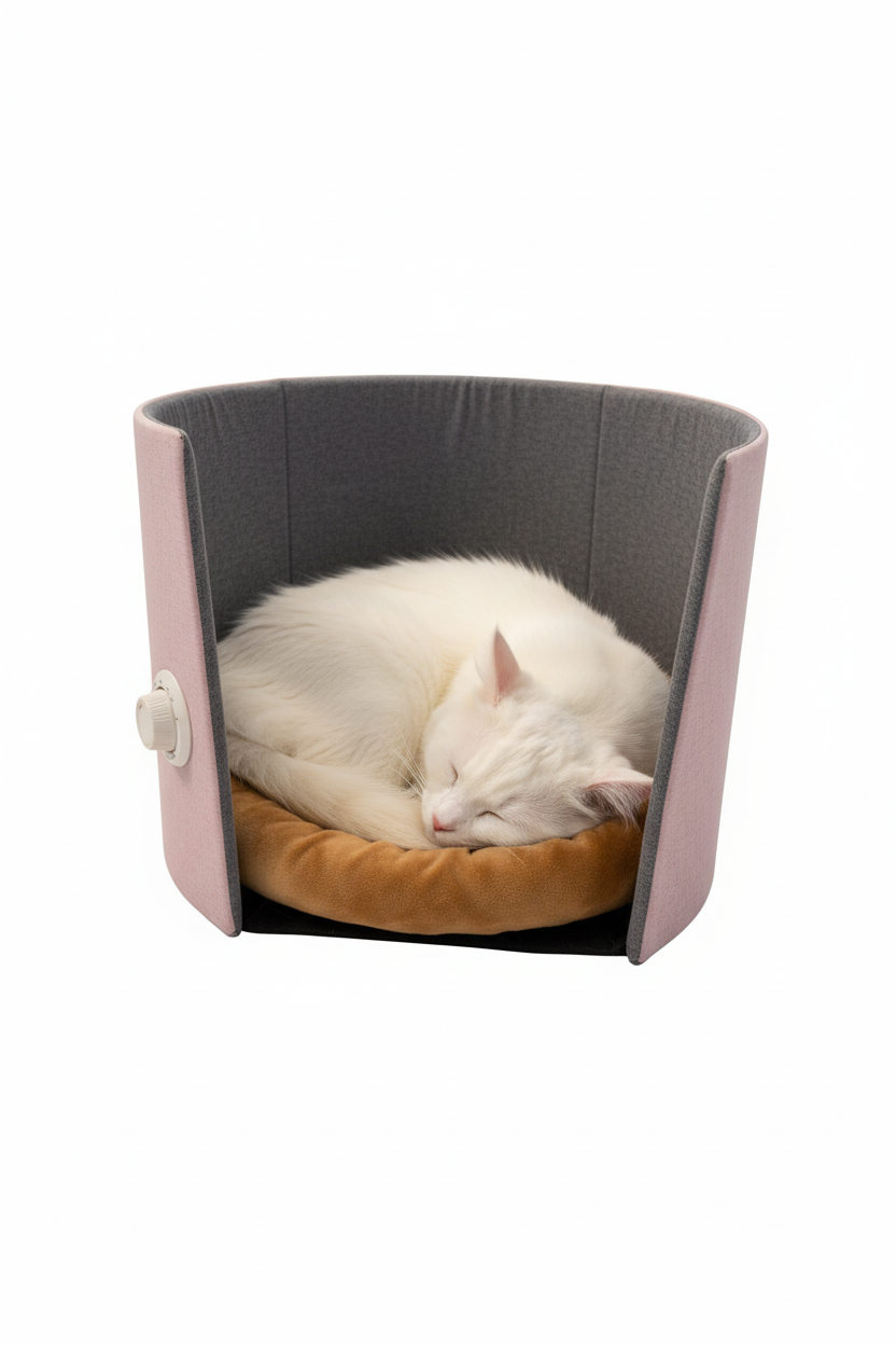 White fluffy cat inside CozyFold pet heater