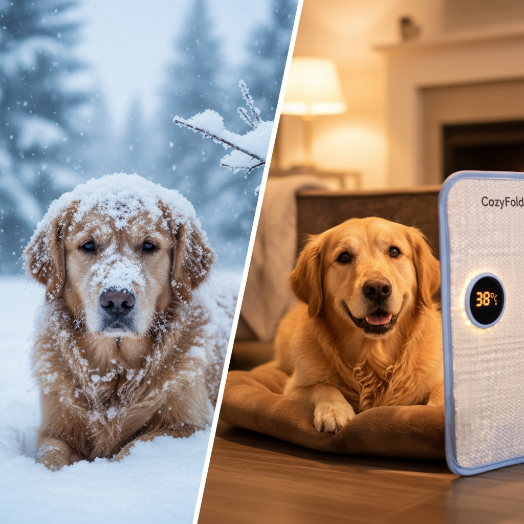 Golden retriever in snow before CozyPet Heater
