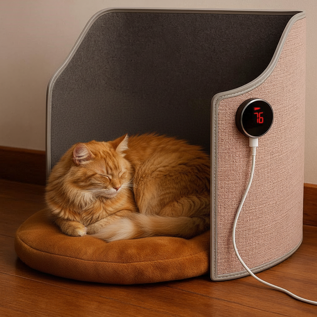 Fluffy cat sleeping in CozyPet Heater